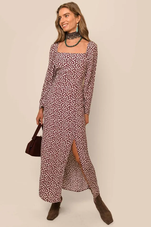 Women Dresses RIXO Hattie Burgundy Shadow Ditsy