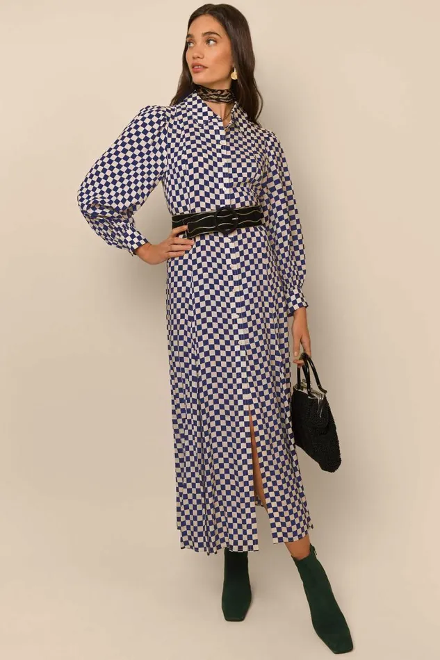 Women Dresses RIXO Maddison Navy Cream Checkerboard