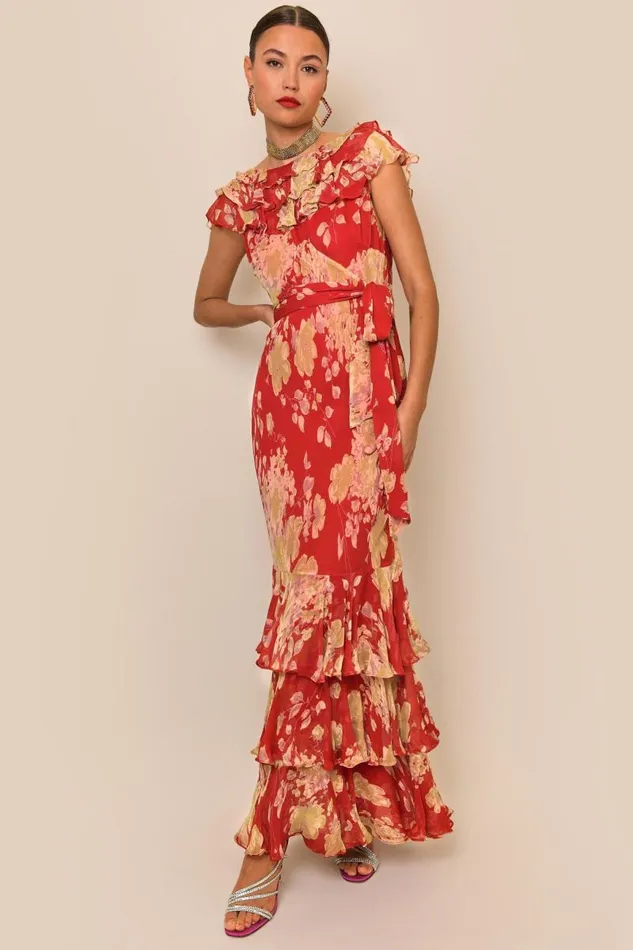 Women Dresses RIXO Rio Red Watercolour Blossom