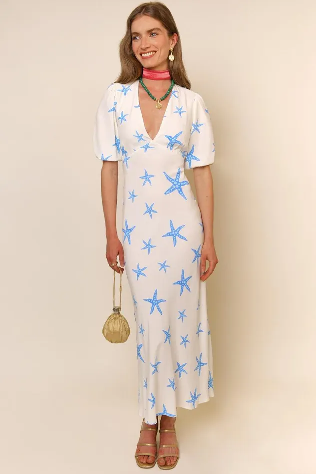 Women Dresses RIXO Steph Starfish Cream Blue