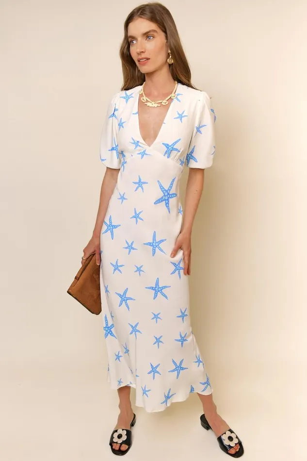 Women Dresses RIXO Steph Starfish Cream Blue Women Dresses RIXO Steph Starfish Cream Blue