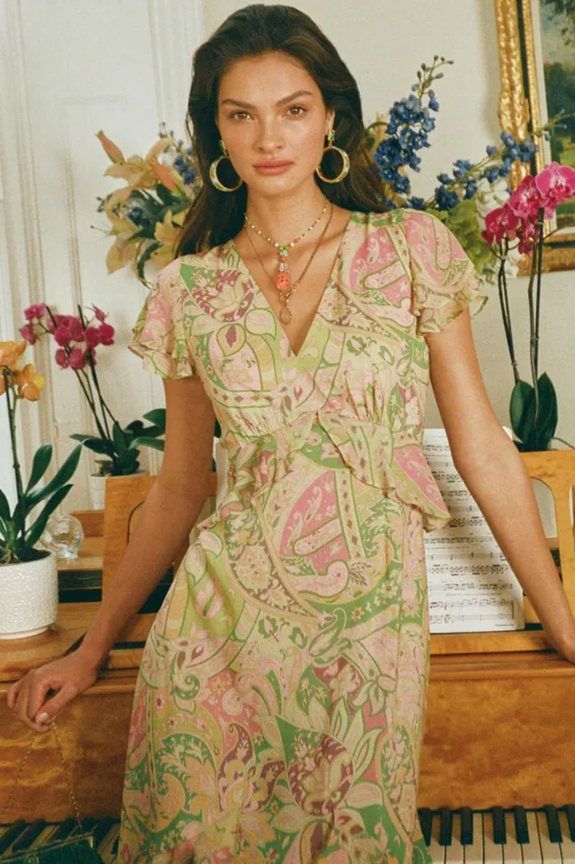 Women Dresses RIXO Thanvi Grace Paisley Green