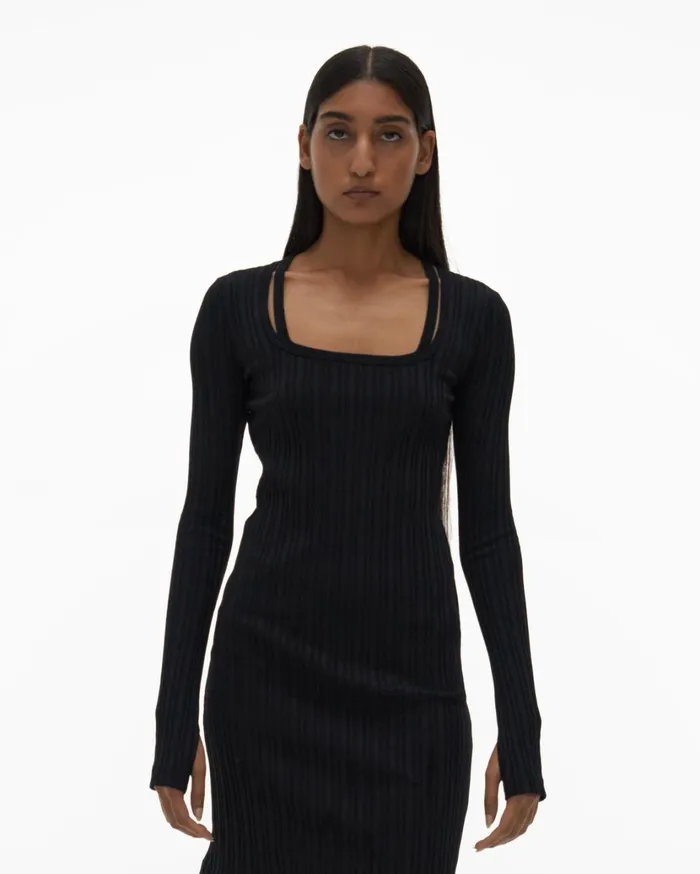 Women Fine Rib Knit Dress Black Helmut Lang Dresses