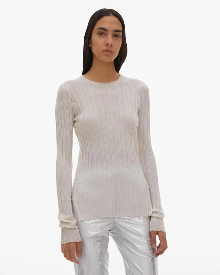 Women Fine Wool Rib Crewneck Ivory Helmut Lang Sweaters