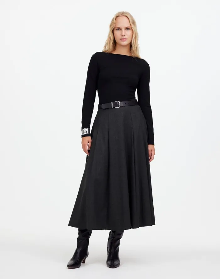 Women Flannel Pleated Maxi Skirt Dark Melange Grey Madewell Skirts