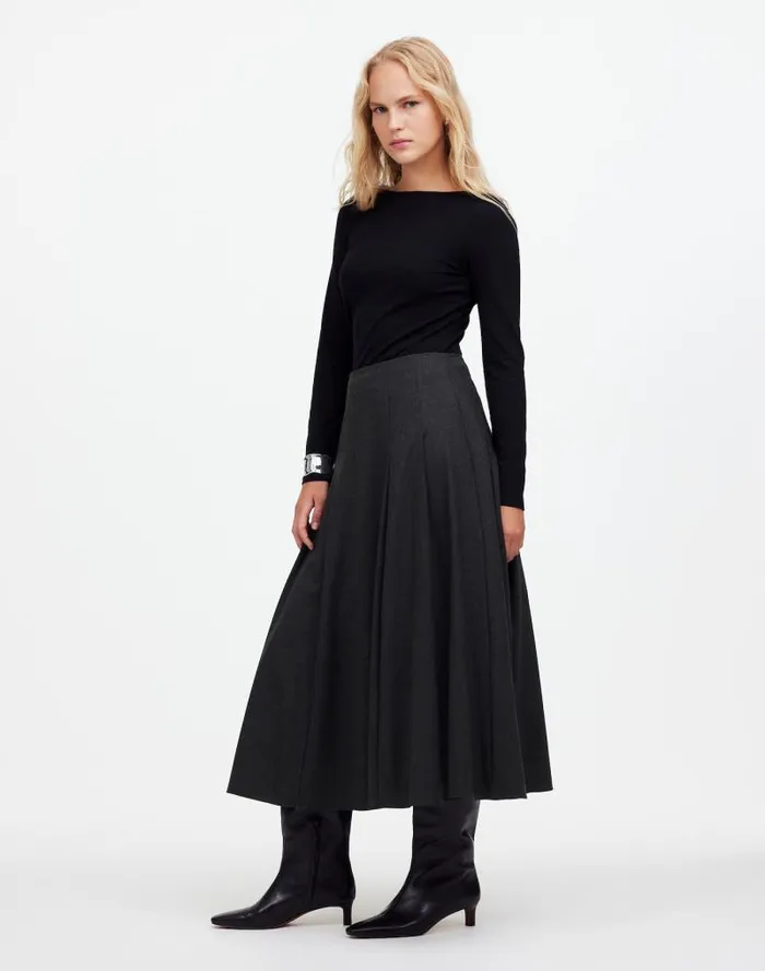 Women Flannel Pleated Maxi Skirt Dark Melange Grey Madewell Skirts