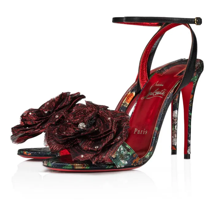 Women Flora Queen 100 Mm Sandals 8211 Lam Fabric Sevillana And Leather 8211 Black Black Christian Louboutin Sandals and Slides Women Flora Queen 100 Mm Sandals 8211 Lam Fabric Sevillana And Leather 8211 Black Black Christian Louboutin Sandals and Slides