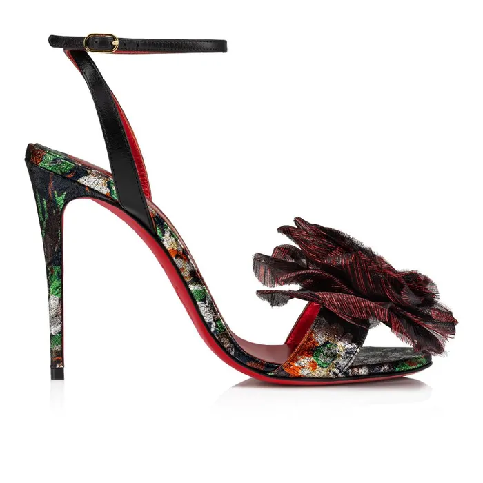 Women Flora Queen 100 Mm Sandals 8211 Lam Fabric Sevillana And Leather 8211 Black Black Christian Louboutin Sandals and Slides