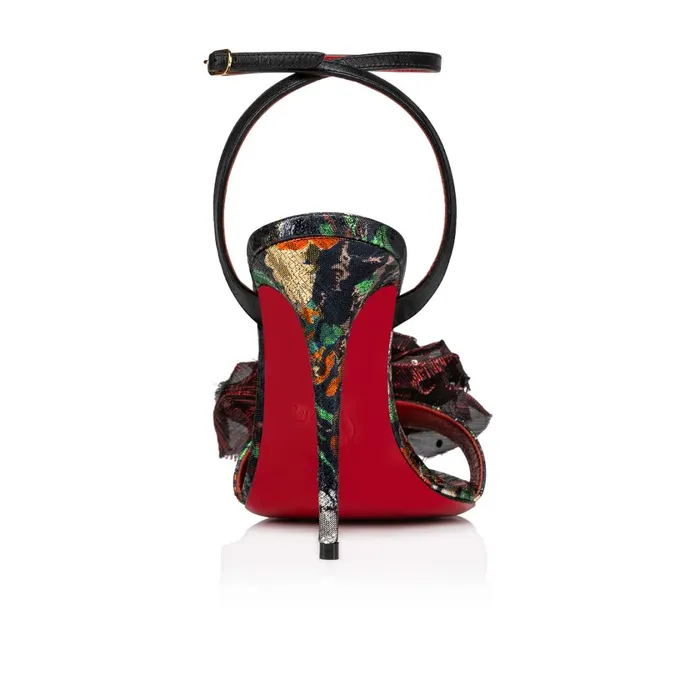 Women Flora Queen 100 Mm Sandals 8211 Lam Fabric Sevillana And Leather 8211 Black Black Christian Louboutin Sandals and Slides