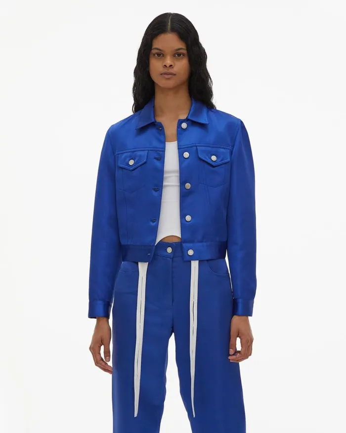 Women Heavy Satin Jean Jacket Azurite Helmut Lang Jackets