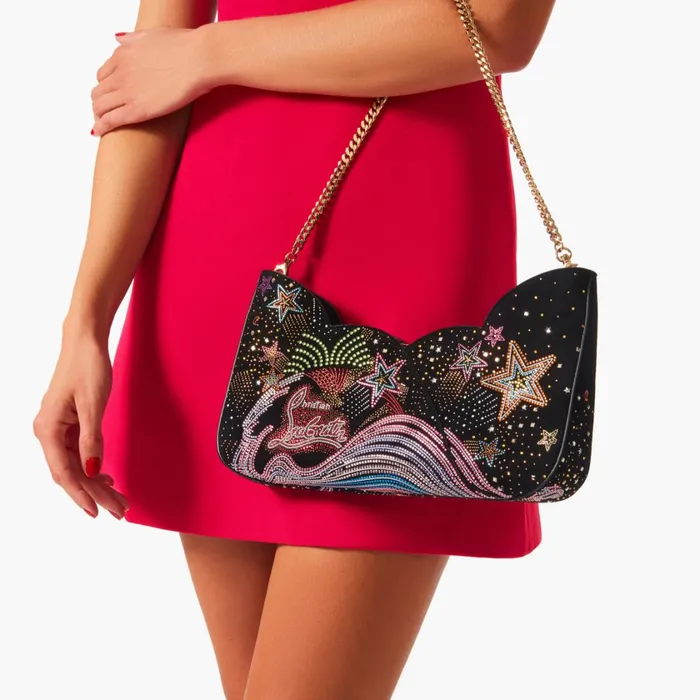 Women Hot Chick Baguette Clutch 8211 Veau Velours Starlight Strass 8211 Black Black Christian Louboutin Shoulder Bags
