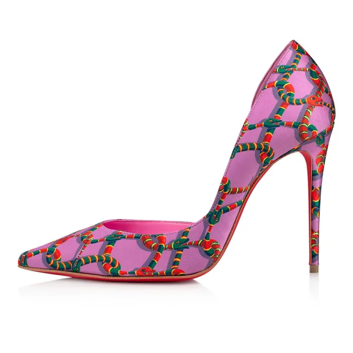 Women Iriza 100 Mm Pumps 8211 Crepe Satin Naja Chain Print 8211 Gummy Pink Christian Louboutin Pumps