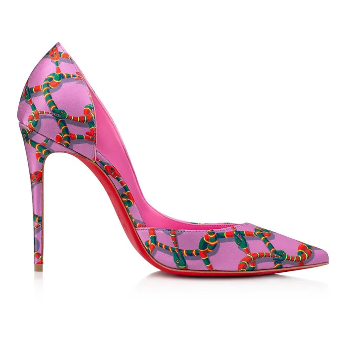 Women Iriza 100 Mm Pumps 8211 Crepe Satin Naja Chain Print 8211 Gummy Pink Christian Louboutin Pumps