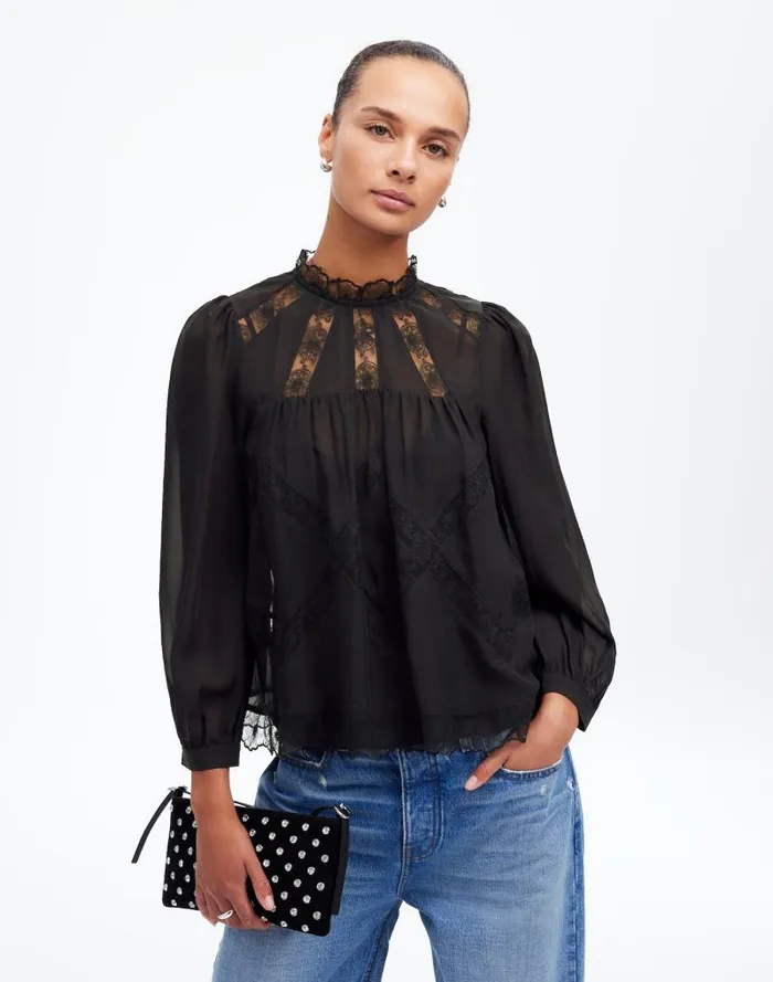 Women LaceInset Top In Silk True Black Madewell Tops and Shirts