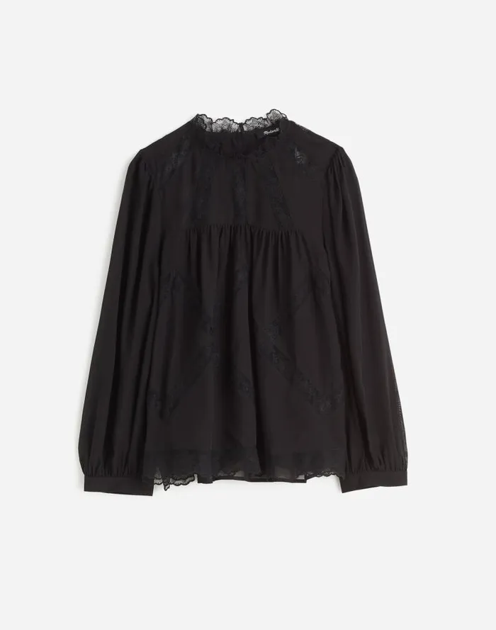 Women LaceInset Top In Silk True Black Madewell Tops and Shirts