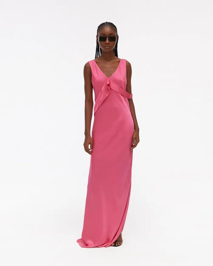 Women Long Double Satin Sash Dress Neon Pink Helmut Lang Dresses and Skirts