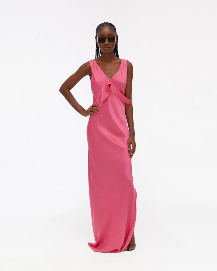 Women Long Double Satin Sash Dress Neon Pink Helmut Lang Dresses and Skirts
