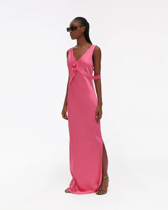 Women Long Double Satin Sash Dress Neon Pink Helmut Lang Dresses and Skirts