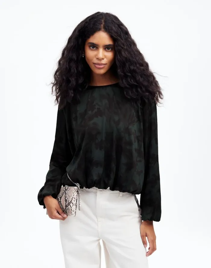 Women LongSleeve BubbleHem Top In Satin Luxury Forest Madewell Tops and Shirts Women LongSleeve BubbleHem Top In Satin Luxury Forest Madewell Tops and Shirts