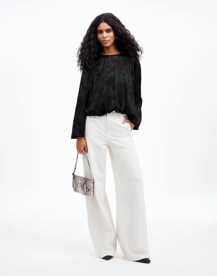Women LongSleeve BubbleHem Top In Satin Luxury Forest Madewell Tops and Shirts