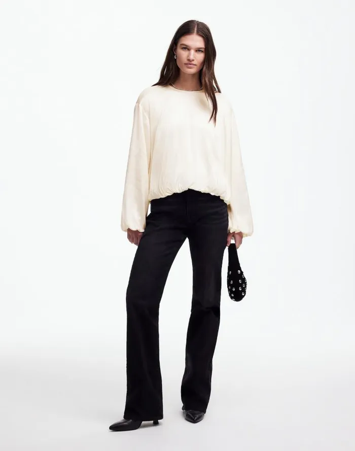 Women LongSleeve BubbleHem Top In Satin Winter White Madewell Tops and Shirts