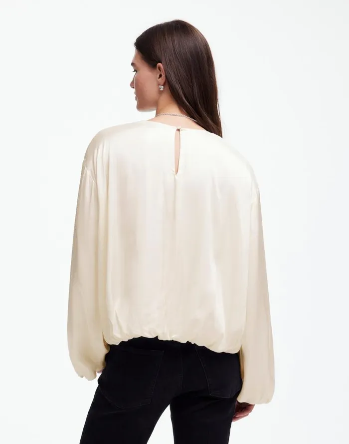 Women LongSleeve BubbleHem Top In Satin Winter White Madewell Tops and Shirts