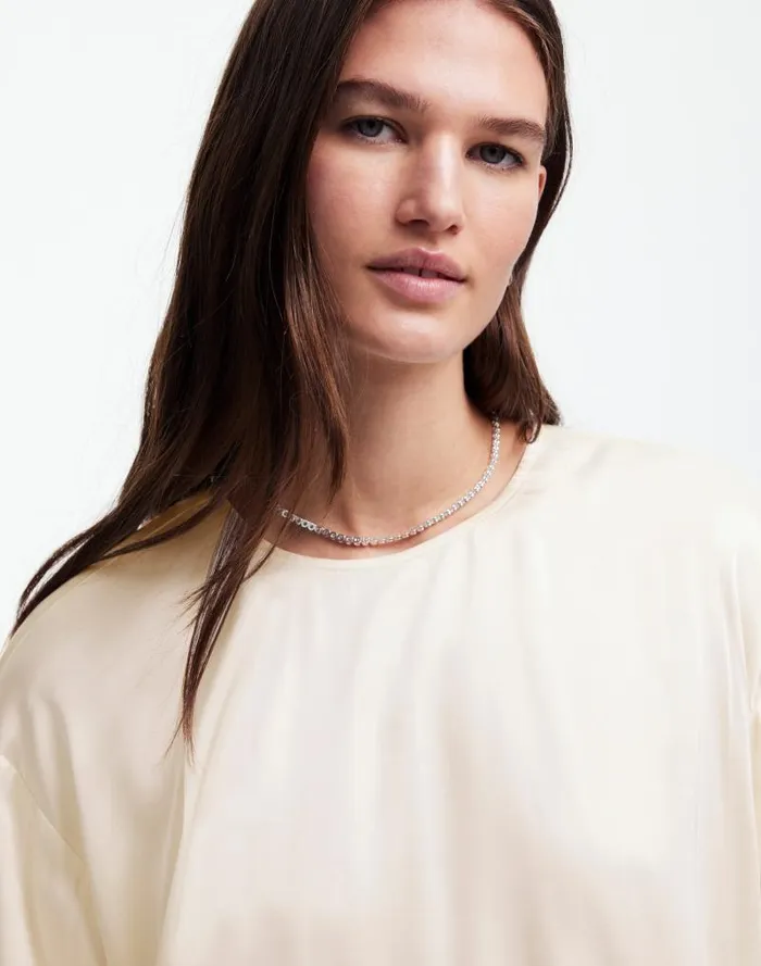 Women LongSleeve BubbleHem Top In Satin Winter White Madewell Tops and Shirts