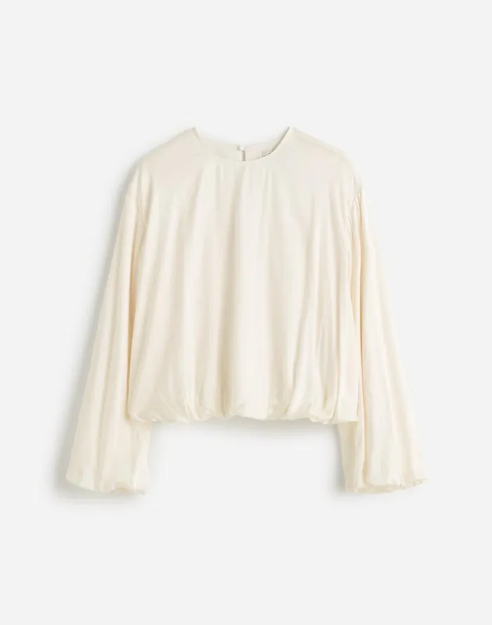 Women LongSleeve BubbleHem Top In Satin Winter White Madewell Tops and Shirts