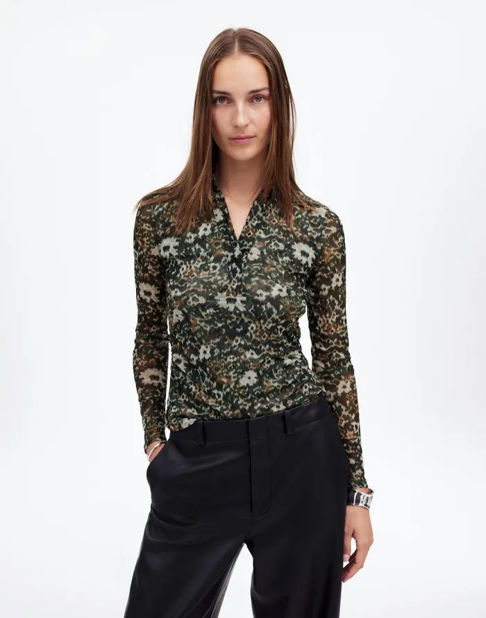 Women LongSleeve Polo Top In Floral Mesh Mossy Umber Madewell Tops and Shirts Women LongSleeve Polo Top In Floral Mesh Mossy Umber Madewell Tops and Shirts