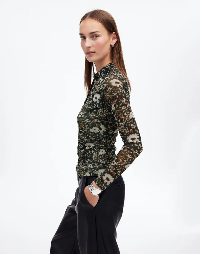 Women LongSleeve Polo Top In Floral Mesh Mossy Umber Madewell Tops and Shirts