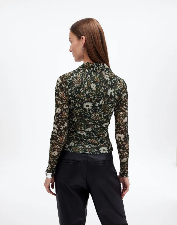 Women LongSleeve Polo Top In Floral Mesh Mossy Umber Madewell Tops and Shirts