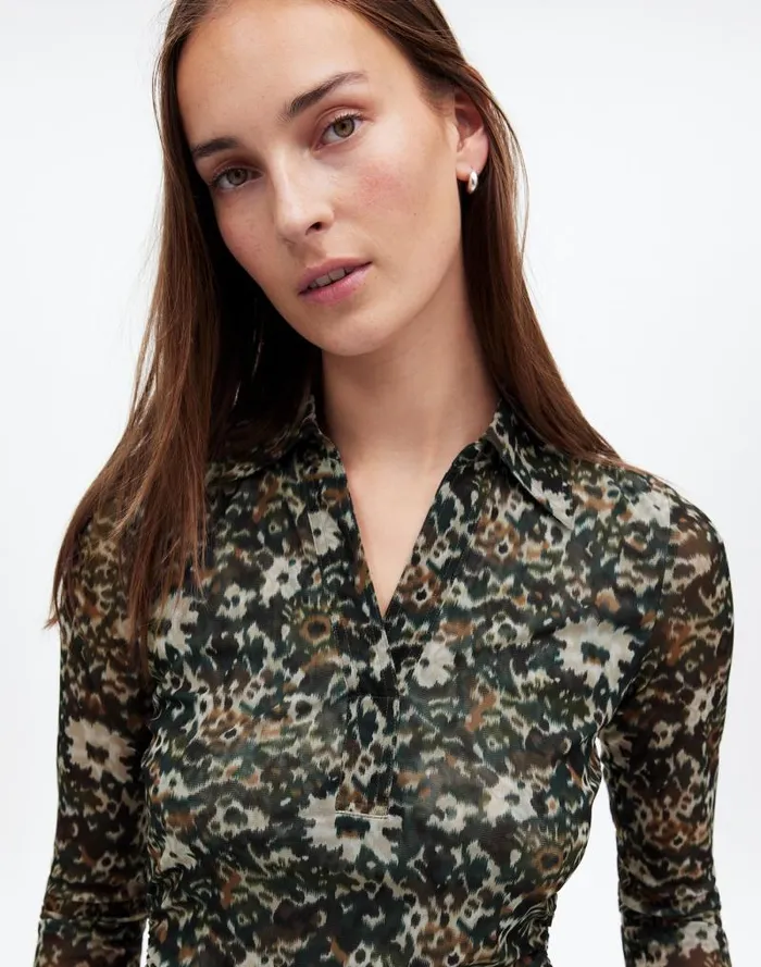 Women LongSleeve Polo Top In Floral Mesh Mossy Umber Madewell Tops and Shirts
