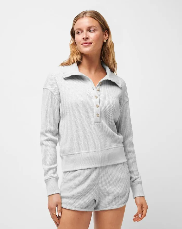 Women LONG WEEKEND HENLEY Heather Light Grey TravisMathew Shirts and Tops