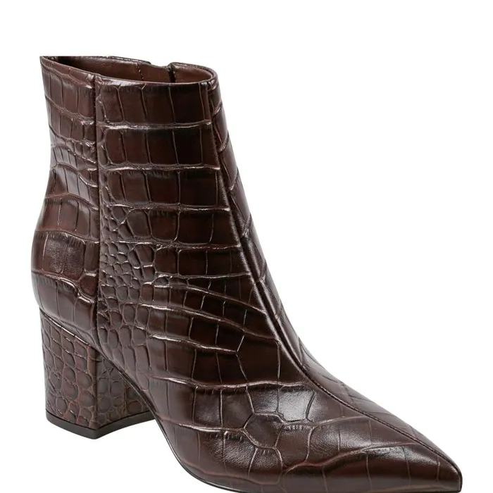 Women Marc Fisher Boots and Booties Jarli Pointy Ankle Bootie Brown Croco Leather