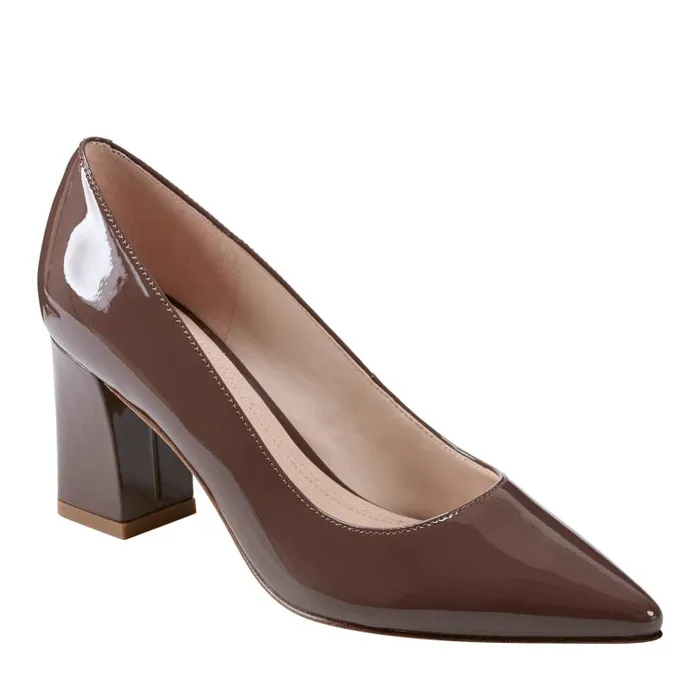 Women Marc Fisher Heels and Pumps Zala Block Heel Pointy Toe Pump Dark Brown Patent Leather