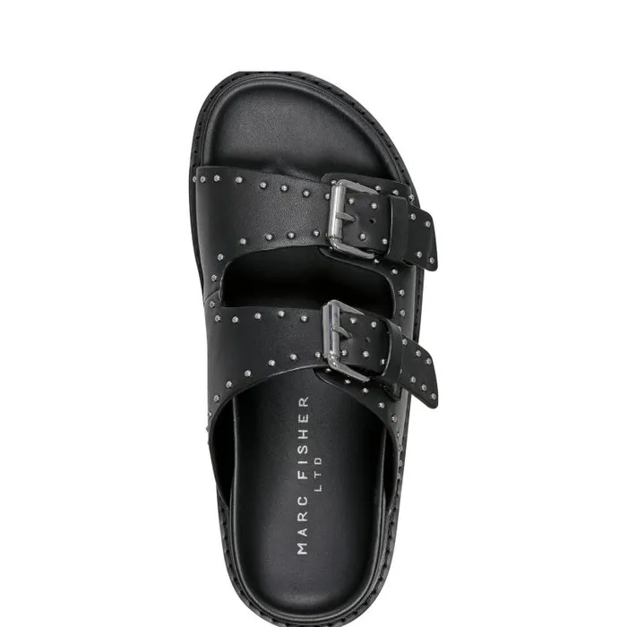 Women Marc Fisher Mules and Slides Agusta Studded Slide Sandal Black Leather