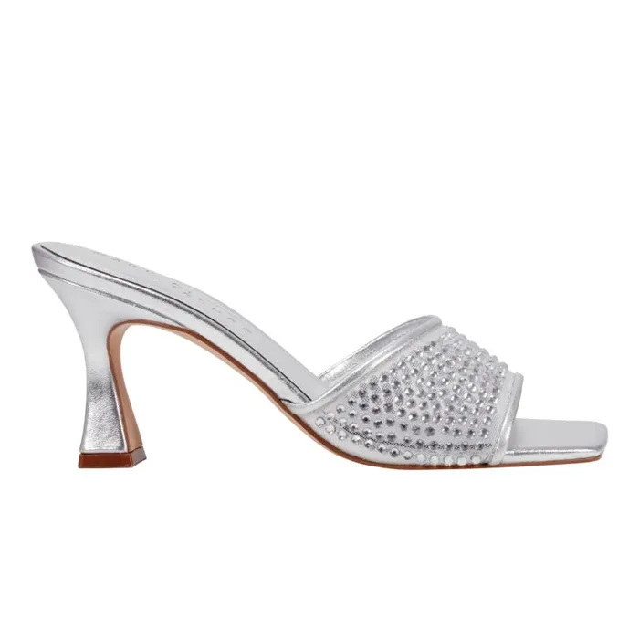 Women Marc Fisher Mules and Slides Delaney Studded Slide Sandal Silver Leather