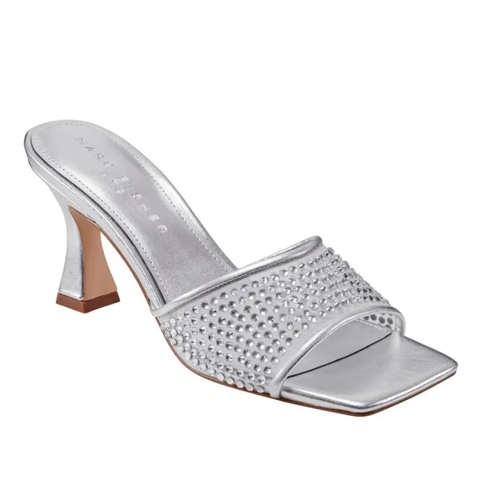 Women Marc Fisher Mules and Slides Delaney Studded Slide Sandal Silver Leather