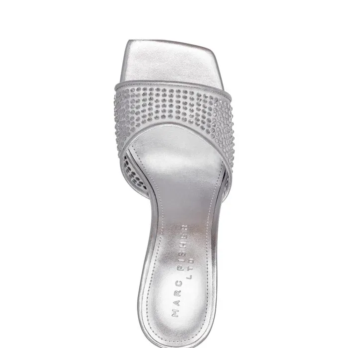 Women Marc Fisher Mules and Slides Delaney Studded Slide Sandal Silver Leather