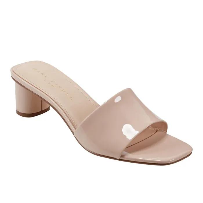 Women Marc Fisher Mules and Slides Nemmie Heeled Slide Sandal Natural Patent Leather