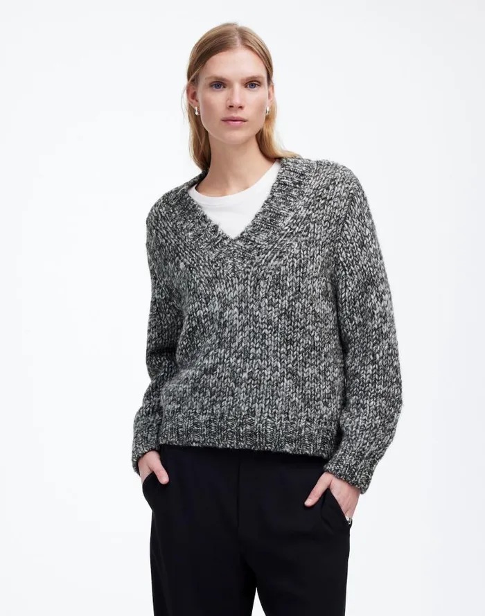 Women Marled Chunky VNeck Sweater Cookies And Cream Madewell Sweaters