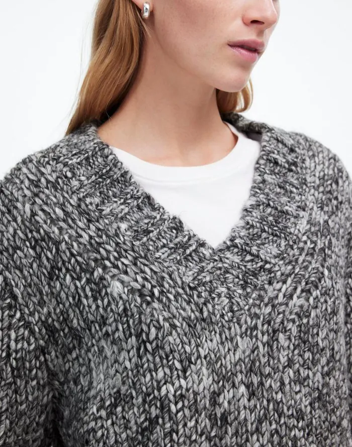 Women Marled Chunky VNeck Sweater Cookies And Cream Madewell Sweaters