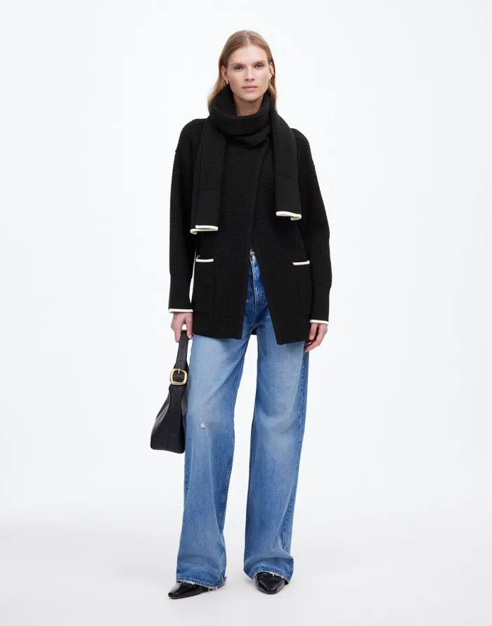 Women Merino WoolBlend Scarf Sweater Jacket Black Combo Madewell Sweaters