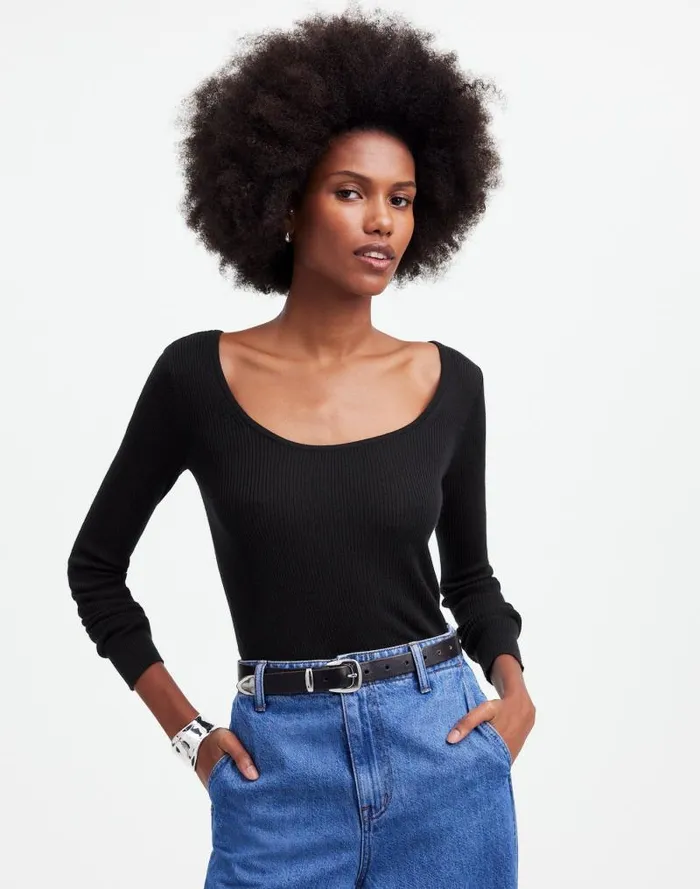 Women Merino WoolSilk Blend Scoopneck Sweater True Black Madewell Sweaters