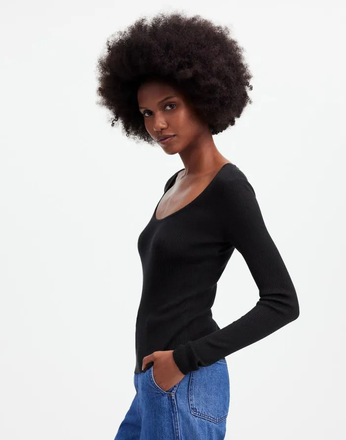 Women Merino WoolSilk Blend Scoopneck Sweater True Black Madewell Sweaters