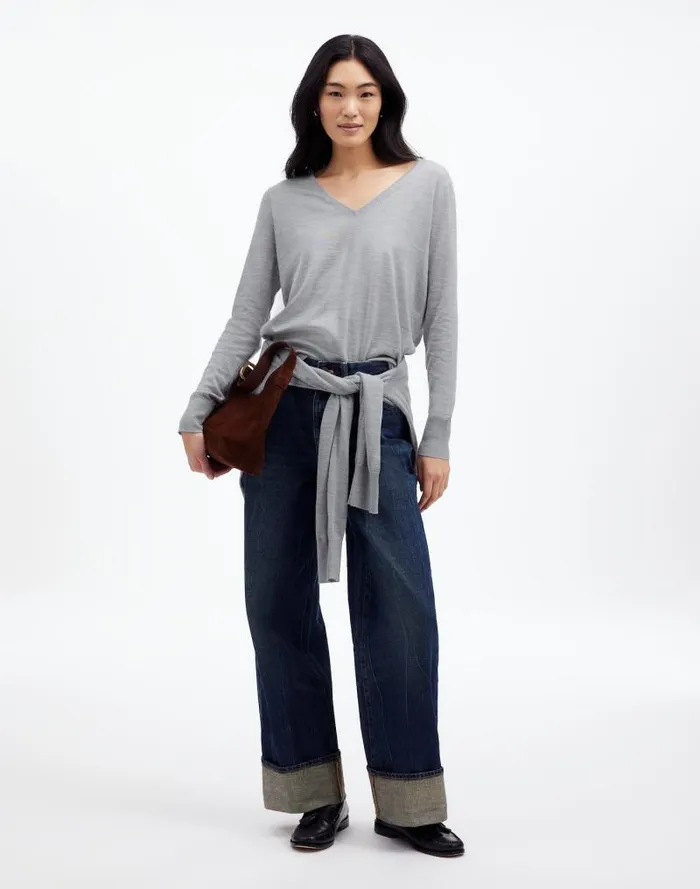 Women Merino WoolSilk Blend VNeck Sweater Hthr Pale Silver Grey Madewell Sweaters
