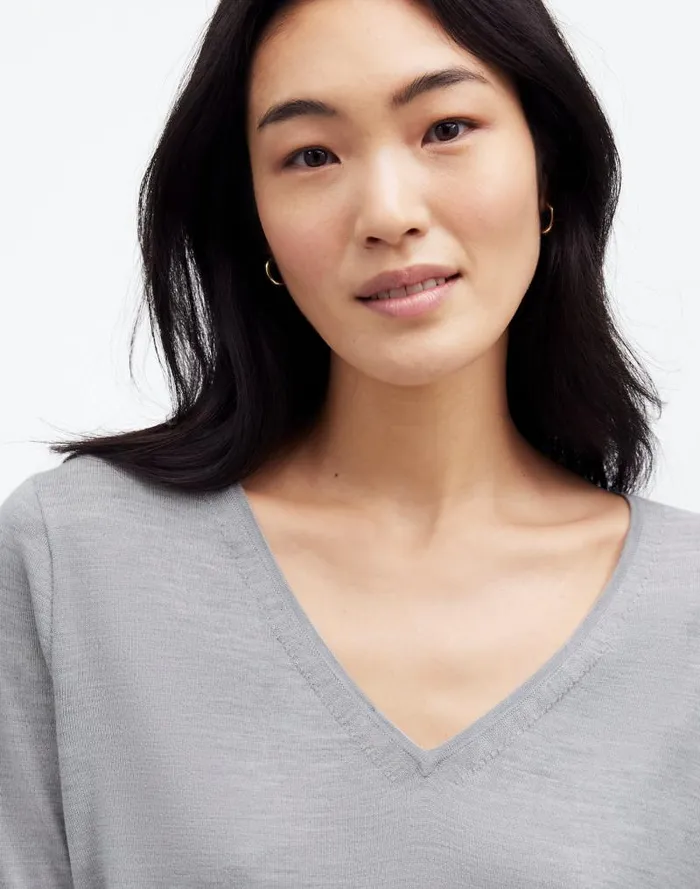 Women Merino WoolSilk Blend VNeck Sweater Hthr Pale Silver Grey Madewell Sweaters