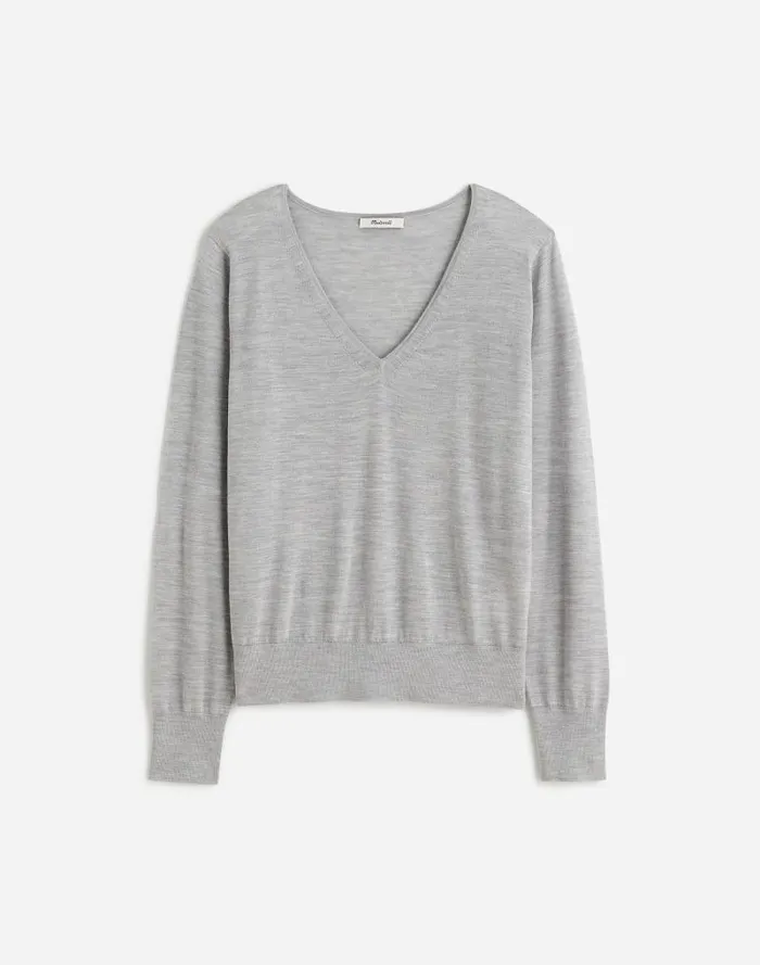 Women Merino WoolSilk Blend VNeck Sweater Hthr Pale Silver Grey Madewell Sweaters
