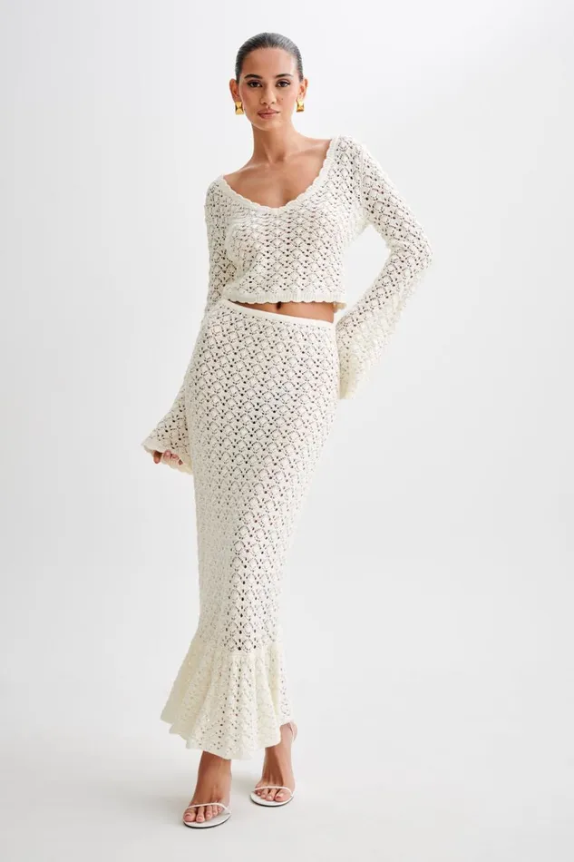 Women Meshki Bottoms Anais Frill Knit Midi Skirt 8211 Ivory
