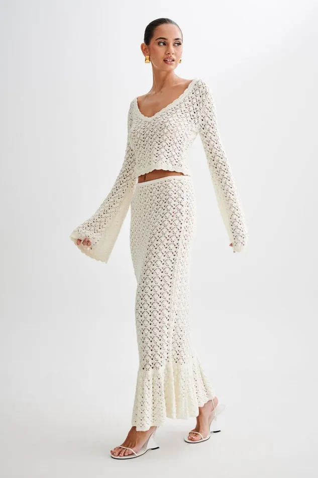 Women Meshki Bottoms Anais Frill Knit Midi Skirt 8211 Ivory